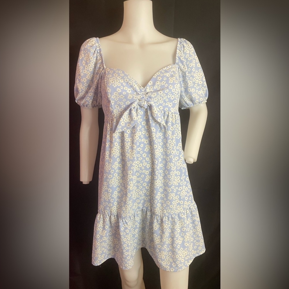 Speechless Light Blue Floral Tie-Front Puff Sleeve Mini Dress Sz M
